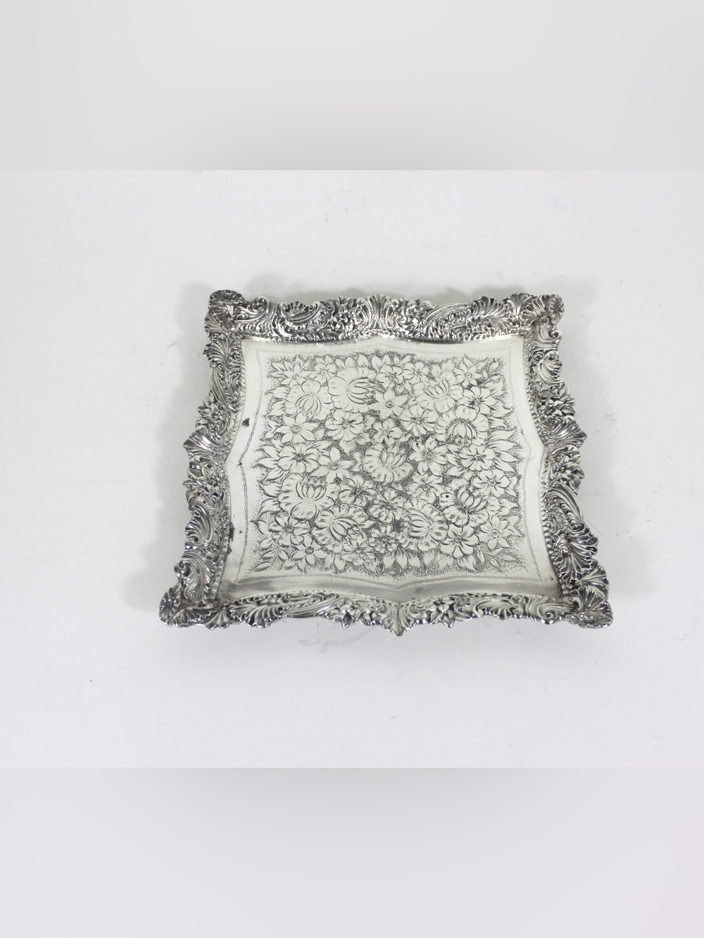 Ornate Silver Plated Square Tray Platter Vintage Plate Embossed Chased Serving